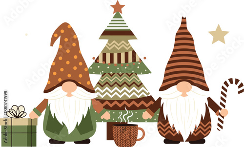 Cute Christmas gnomes with patterned hats standing by a decorated tree, gift box, and candy cane in cozy Scandinavian winter style