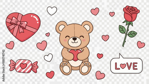 Cute Teddy Bear Holding Heart, Valentine's Day Icons: Rose, Candy, Gift Box