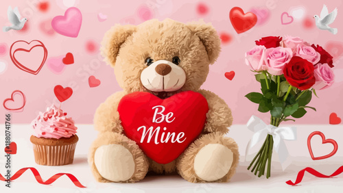 Cute Teddy Bear Holding Valentine's Day Heart with Roses and Cupcake