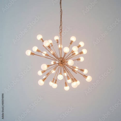 Unique Light Fixture With Many Bulbs Shining Brightly From the Ceiling in a M...
