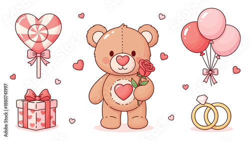 Cute Teddy Bear with Rose, Balloons, Gift, Candy, Rings - Valentine's Day Icon Set