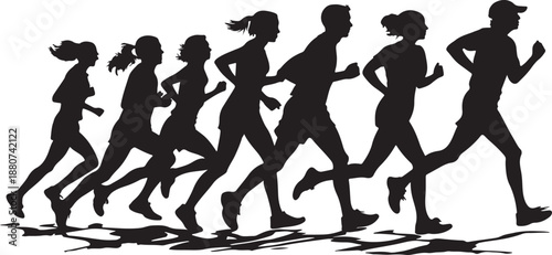 People jogging in silhouette illustration with colorful design elements