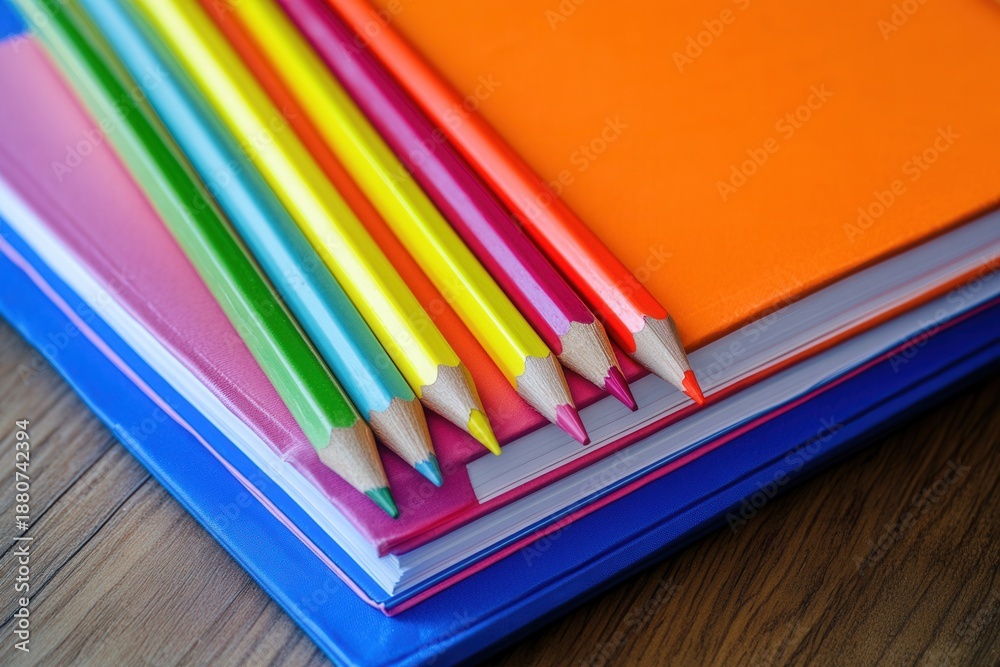 Fototapeta premium Bright pencils arranged on notebooks, Vivid colored writing instruments on stacked notebooks, Colorful pencils arranged neatly on various stacked notebooks with lively academic ambiance