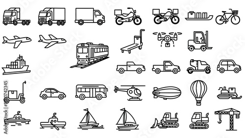 Collection of Various Vehicle Icons and Illustrations.