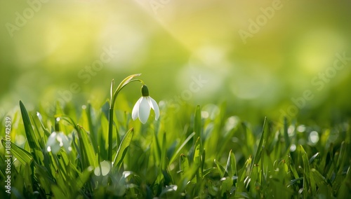 Snowdrop Blooms in Green Grass Under Soft Sunlight in a Garden Setting During...