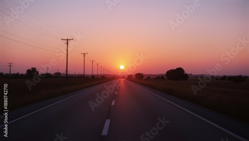 Sunset on a Long Road With Power Lines and Fields Near the Horizon at Dusk
