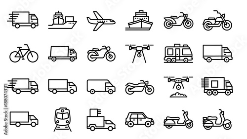 Collection of Various Vehicle Icons Outlined.