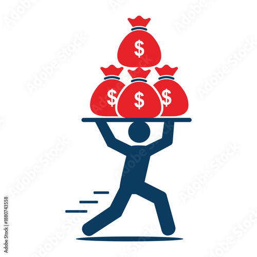 Businessman carrying heavy money bags on tray concept of fast delivery vector