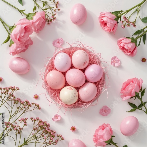 Colorful Easter Eggs Placed Among Pink Flowers in a Bright Setting During Spr...