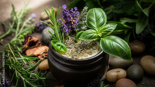 Herbal skin balm with fresh herbs and flowers in natural wooden container surrounded by greenery