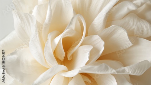 Close View of a White Flower Bloom With Many Petals on a Light Background