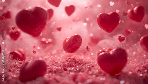 Red Hearts Float in a Pink Background, Surrounded by Small Sparkles