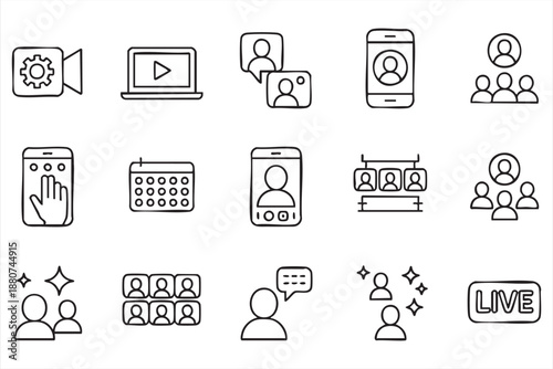 Streaming and webinar outline symbols for online collaboration software, remote work UI