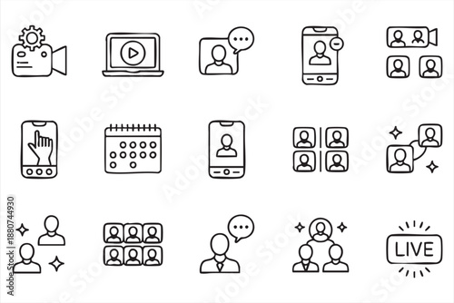 Remote meeting and broadcast icons for video platforms, SaaS interface kits