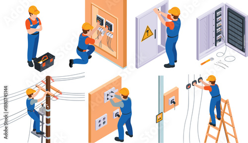 Electrician technician working on electrical panels, wiring, sockets, and utility poles, safety helmet, power maintenance, service repair isometric vector illustration.