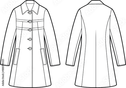 Front and back view of long coat vector illustration, buttoned women trench style jacket flat sketch, fashion design template for apparel product presentation