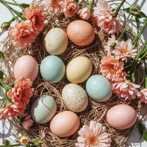 Pink Flowers and Decorative Eggs Arranged in a Springtime Display for Easter ...