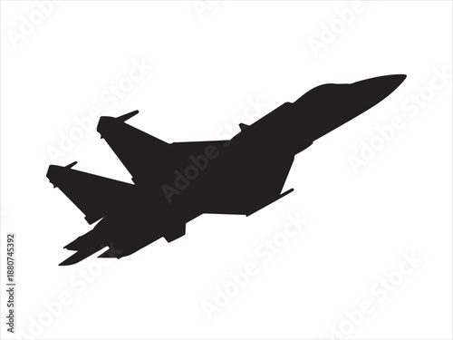 Fighter jet silhouette, aircraft side top rear view, military aviation vector, Front view silhouette of a modern fighter jet aircraft with landing gear deployed isolated vector illustration 