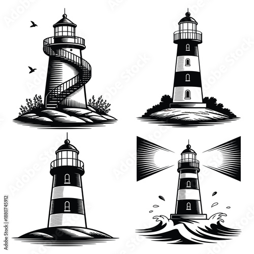 Vintage lighthouse illustrations showcasing coastal architecture and navigational beacons