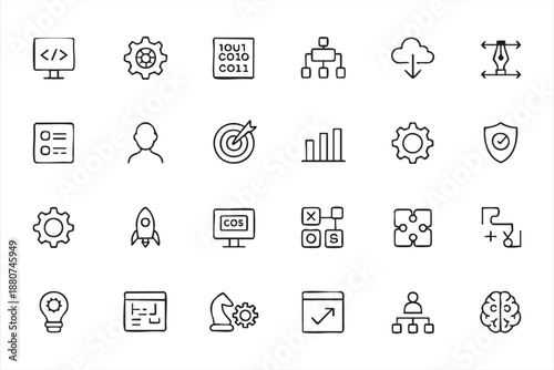 Cloud computing and coding pictograms for startup technology interfaces