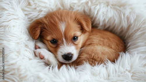 Cute puppy resting on soft fur blanket.