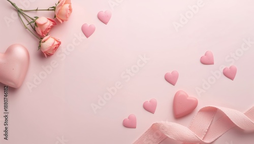 Pink Roses With Heart Shapes and Ribbon on a Light Background for a Decoration
