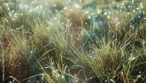 Morning Dew Covers Grass in a Field During Early Daylight Hours in a Rural Area