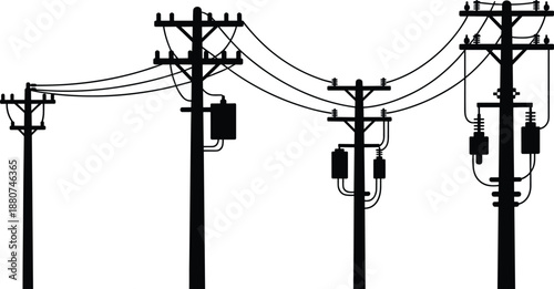 Electric utility pole silhouette, power lines, electricity distribution system, voltage transformer, energy infrastructure illustration, black and white vector design, urban utility structure