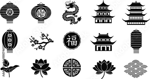 East Asian cultural icons, Chinese lanterns, dragon illustration, pagoda temple, fortune symbol, cherry blossom branch, lotus flower, wave motif, traditional design artwork