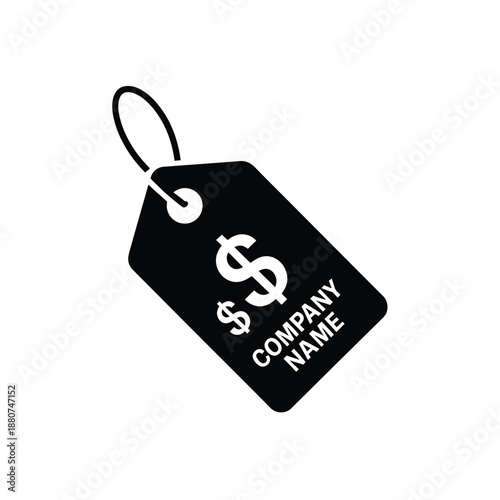 Black tag with dollar signs and company name isolated on white
