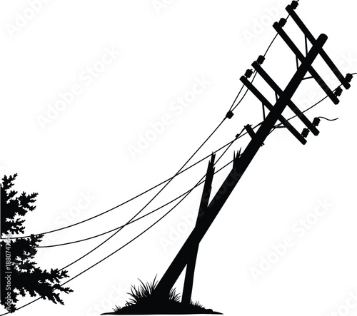 Damaged utility pole, leaning silhouette, broken power line, storm damage infrastructure, electricity distribution failure, fallen pole, urban energy grid, vulnerability