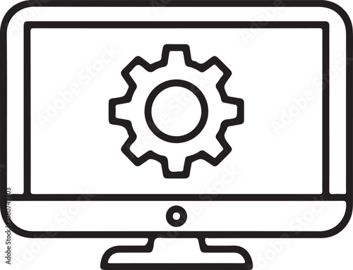 Computer monitor with gear icon symbolizing system settings and technical configuration isolated on white background