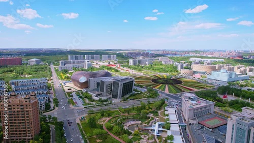 Aerial view of Two Steeds Square in Kangbashi New District, Ordos, Inner Mongolia, China