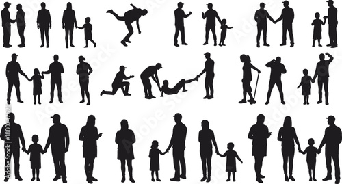 Family silhouette vector, parents with children, bonding moments, walking, talking, playing, care, support, lifestyle, togetherness, parenting, love, connection, emotional, black, white