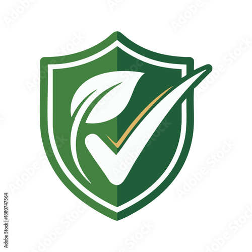 High resolution stock photo of a green shield with a leaf and checkmark symbol for organic
