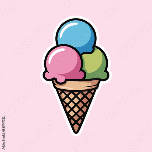 High Resolution Photograph of a Delicious Triple Scoop Ice Cream Cone with Blue, Pink, and Green
