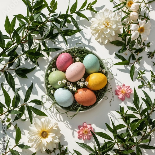 Pink Flowers and Decorative Eggs Arranged in a Springtime Display for Easter ...