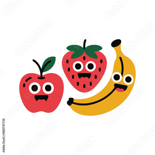 High Resolution Photograph of Cute Cartoon Apple, Strawberry, and Banana Characters with Happy Faces