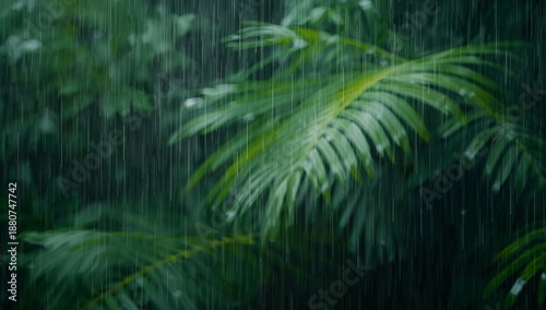 Heavy Rain Falls on Green Palm Leaves in a Forest Setting During a Tropical S...