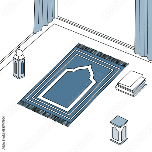 Serene Islamic prayer room with prayer mat and lanterns
