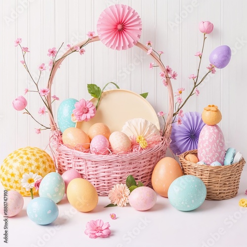 Colorful Eggs and Baskets Arranged for Spring Celebration in Bright Setting
