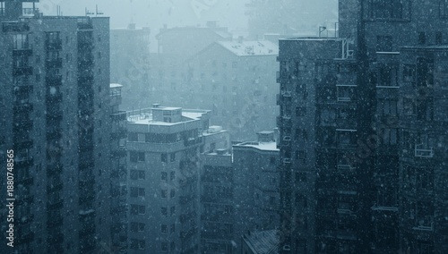 Winter Snow Falling on Tall Buildings in Urban Area During Afternoon Hours