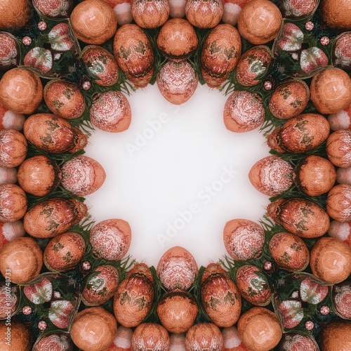 Colorful Eggs Arranged in a Circular Pattern on a White Background for a Holi...