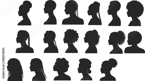 Female hairstyle silhouette vector set, black profile head designs with diverse hair styles for beauty art, fashion illustration, and hairdressing graphics