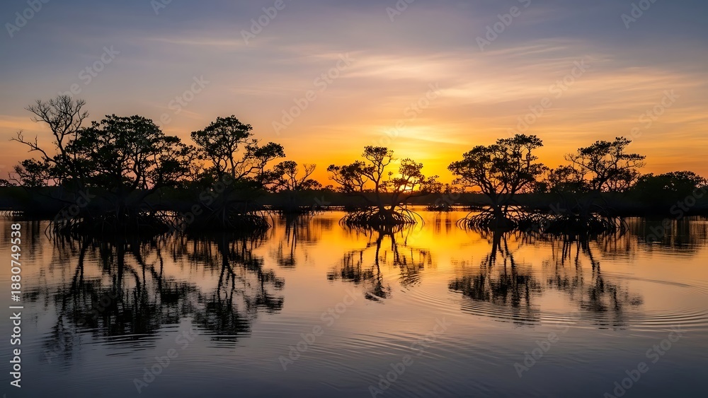 Obraz premium Beautiful sunset casting a warm glow over a serene lake with silhouetted trees and their reflections