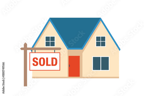 Sold House with Blue Roof and Red Door Illustration