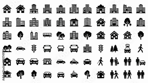 Cityscape icons set with buildings cars trees and people in black silhouette on white background