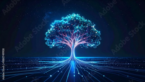 Glowing Digital Tree of Life with Futuristic Roots and Branches.
