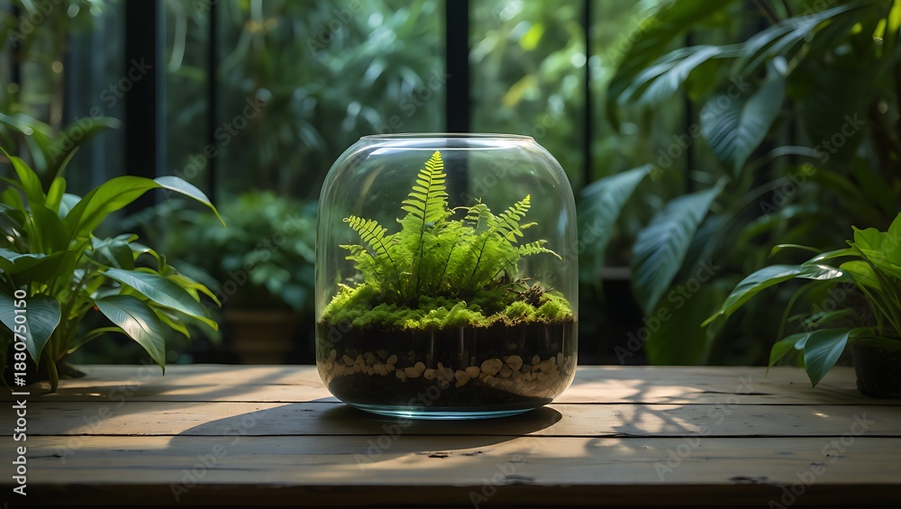 Fototapeta premium Terrarium with Fern on Wooden Table in Greenhouse