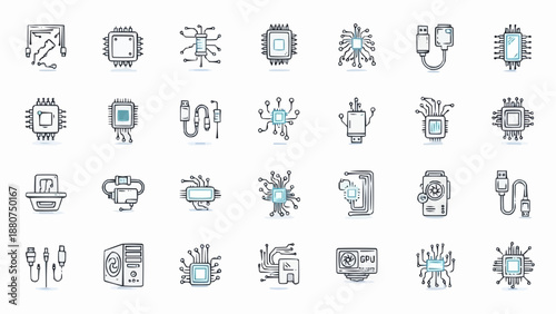 Collection of various computer processor and technology icons in black and blue lines on white